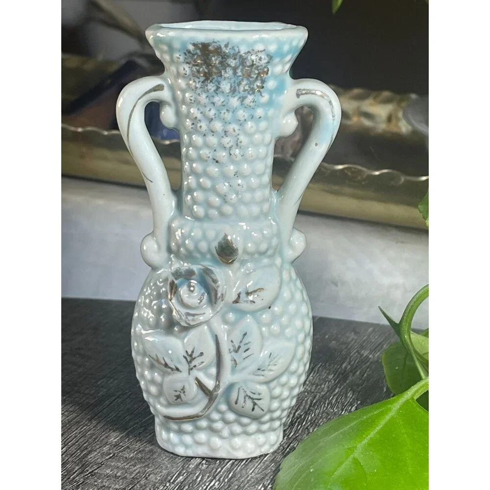 Vtg Yoko Boeki Japan Blue Lusterware Bud Vase - Applied Rose Hobnail Clover Mark